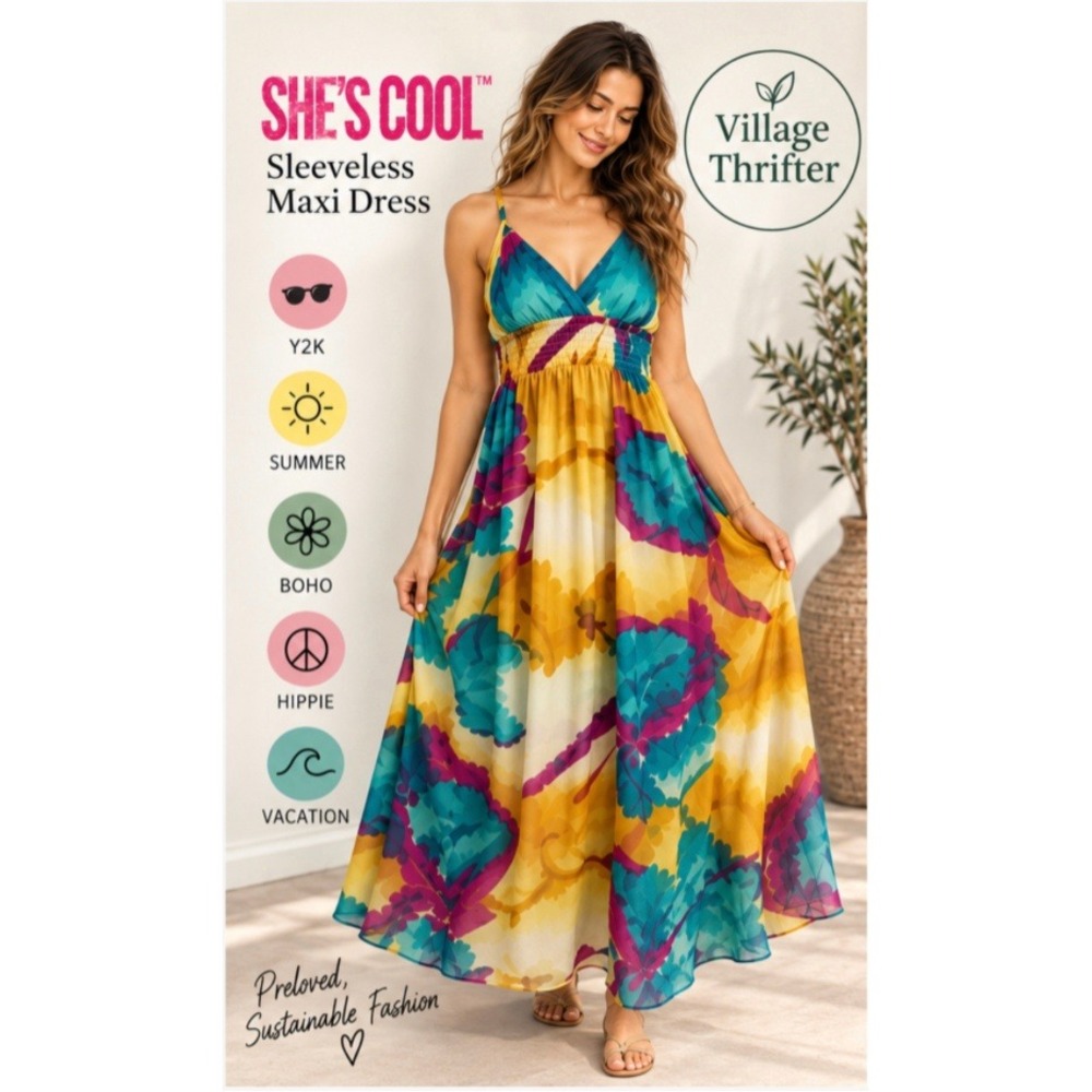 She's Cool Maxi Dress Womens L Teal Yellow Tropical Tie Dye Boho Y2K Sleeveless
